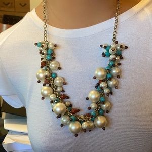 J Crew Cluster beaded faux pearl/turquoise/coral and gold tone chunky necklace